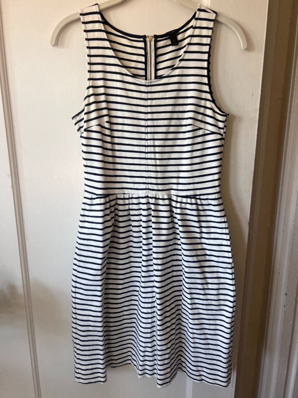 J. Crew White and Navy Striped Sleeveless Cotton Dress